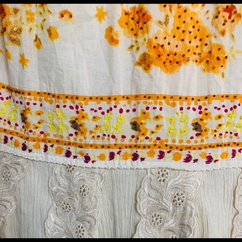 Free People Boho Beaded Sundress Mini Ivory Orange Embroidered Swing Dress Sz 0 - Picture 6 of 9